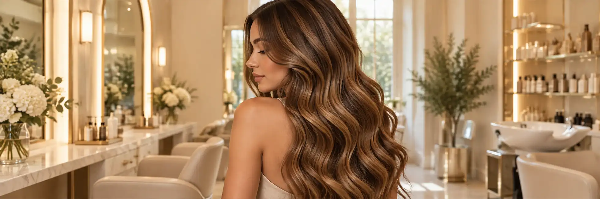 Cabello largo con ondas y reflejos en un salón de belleza