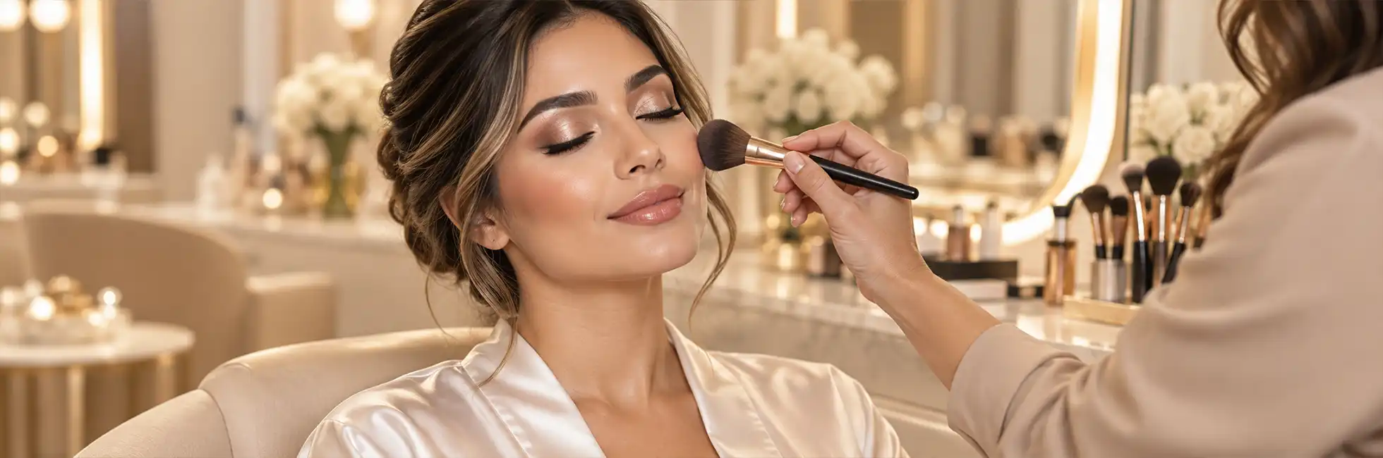 Aplicación de maquillaje profesional en tonos suaves y luminosos