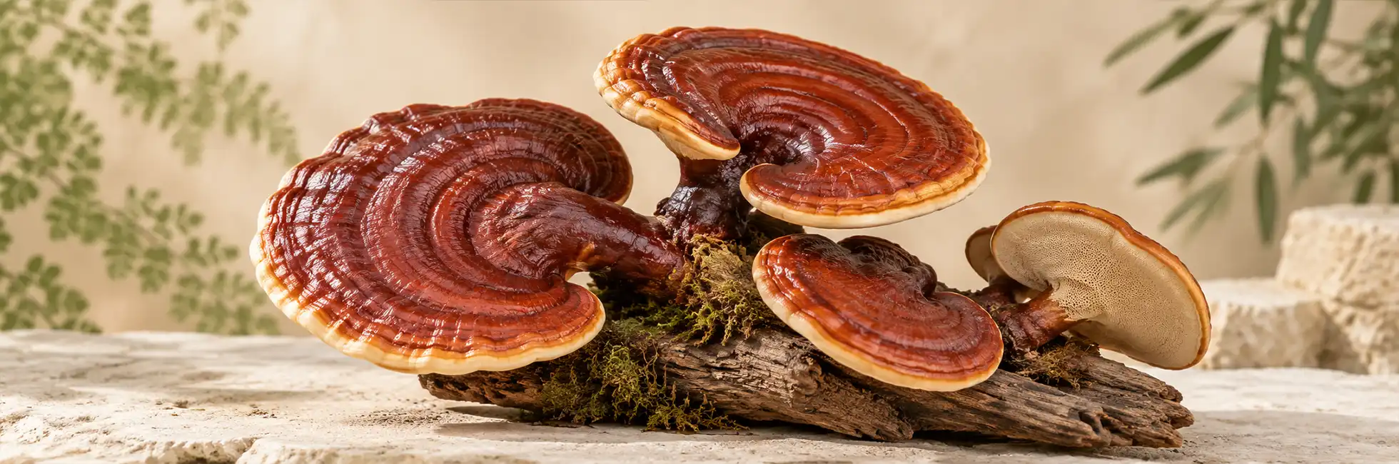 Ganoderma lucidum sobre madera en un ambiente de tonos naturales